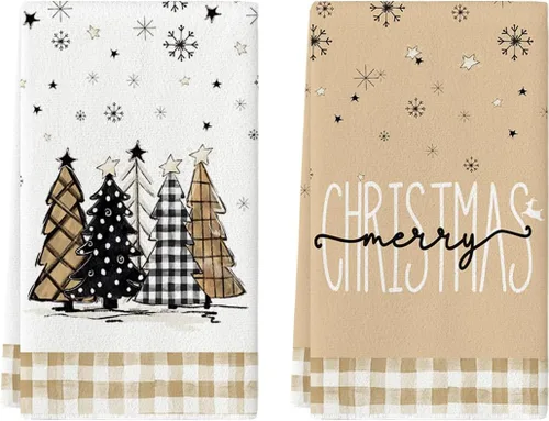 Miniatura 9 de Artoid Mode Toallas de cocina con estampado de búfalo de Merry Christmas, toallas de cocina de invierno con árboles de Navidad y estrellas, toallas