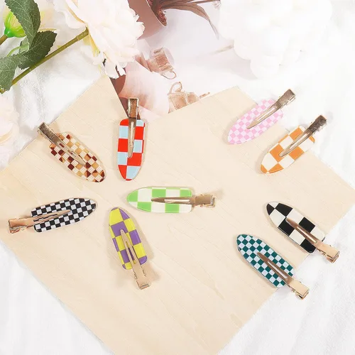 Miniatura 4 de 9 piezas de pinzas para el pelo sin dobleces, pinzas para rizos sin arrugas con diseño de cuadros, resina acrílica plana para peinado, barrette