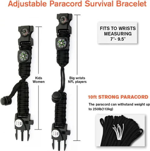Miniatura 4 de Brazalete de paracord de supervivencia 20 en 1, kit de equipo ajustable con luz LED SOS, arrancador de fuego, brújula más grande, silbato de Negro