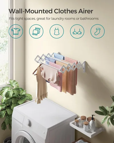Miniatura 6 de SONGMICS Estante de secado de ropa, estante de secado de ropa montado en la pared, pequeño estante de lavandería acordeón, 9 varillas colgantes