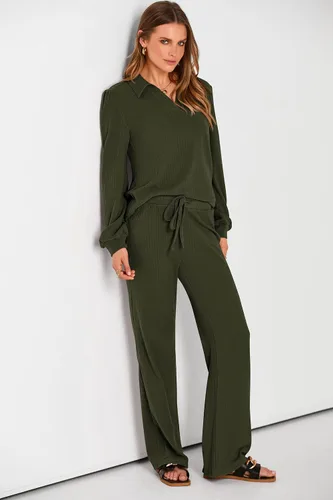 Miniatura 8 de PRETTYGARDEN Conjunto de dos piezas de ropa de otoño para mujer, manga larga, solapa, cuello en V, blusas, pantalones de pierna ancha, chándal