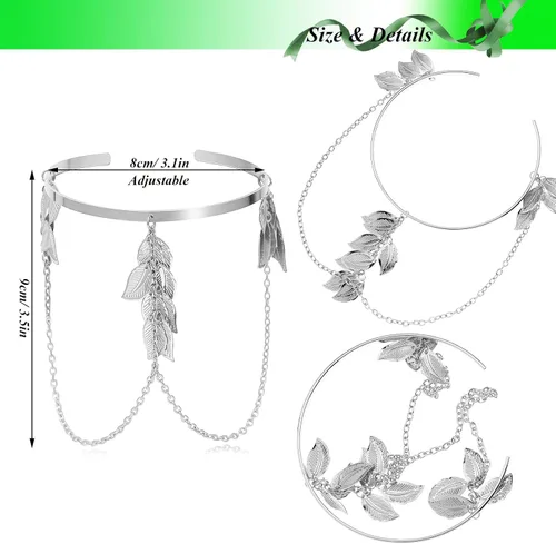 Miniatura 5 de RechicGu 2 piezas de cadena de plumas de hojas con borlas de pulsera, brazalete de brazo abierto, parte superior abierta, conjunto ajustable