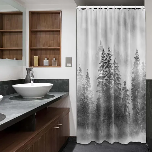 Miniatura 7 de Cortina de ducha estrecha para hombre, diseño de bosque negro y gris, para casa rodante, juego de decoración de baño, tela impermeable con ganchos