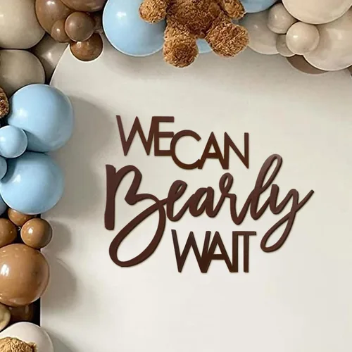 Letrero "We Can Bearly Wait" para telón de fondo - Pancarta temática de oso de peluche para fiesta de bebé, niño, niña, baby shower, revelación de