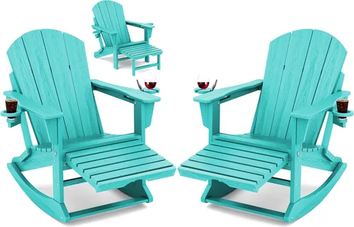 Miniatura 27 de Mecedora Adirondack de KINGYES con Otomana Retráctil y Portavasos, Silla Reclinable de Patio de HDPE Adirondack para Porche, Patio, Balcón, Azul Aqua