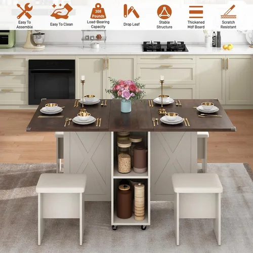Miniatura 4 de Juego de mesa de comedor de granja de 5 piezas para 4, mesa plegable grande de 117 cm con 4 sillas de cuero, mesa de cocina plegable con ala