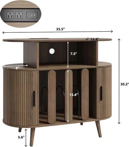 Miniatura 3 de Soporte grande para tocadiscos de 35.5 pulgadas con estación de carga, gabinete de almacenamiento de discos de vinilo, moderno soporte