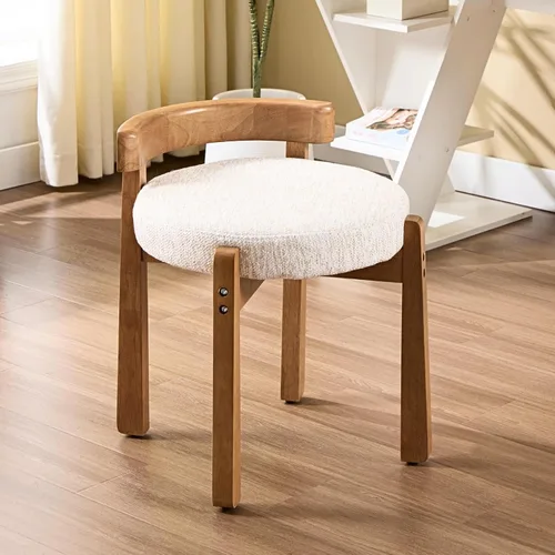 HEAH-YO Silla de tocador de madera con respaldo, reposapiés otomano pequeño tapizado de felpilla, silla de maquillaje moderna de mediados de siglo