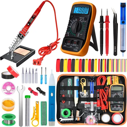 Miniatura 9 de Kit de soldador, temperatura ajustable de 60 W, multímetro digital, 5 puntas de soldadura, alambre, soporte, bomba de desoldadura, mecha de Azul