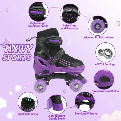 Miniatura 4 de Patines para niños y niñas, niños principiantes, 4 tamaños ajustables, patines cuádruples para niños y jóvenes, con ruedas iluminadas para deportes