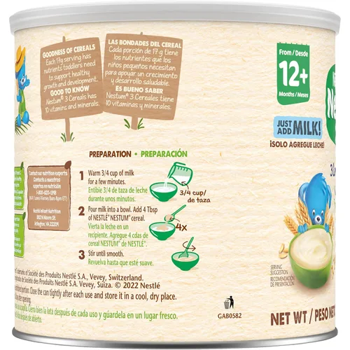 Miniatura 5 de Nestle Nestum - Cereales junior, 3 cereales, trigo, maíz y arroz, hechos para niños pequeños de 12 meses, recipiente de 14.1 onzas (paquete de 3)