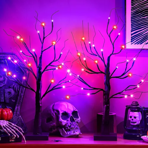Ganeen 2 piezas de decoración de Halloween para interiores de 24 pulgadas/2 pies iluminados naranja y morado árbol de abedules con temporizador, 48
