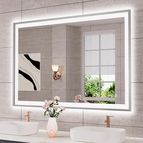 Miniatura 85 de Espejo de baño LED de 60x36 pulgadas con marco negro, espejos de baño retroiluminados y con luz frontal para pared, antiempañamiento, regulable