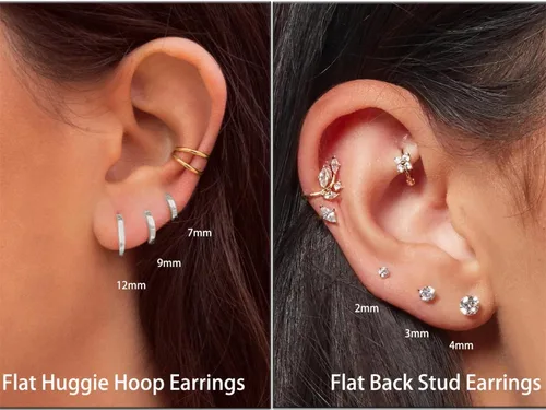 Miniatura 5 de Juego de aretes para múltiples piercings, 6 pares de aretes de aro pequeños chapados en oro de 14 quilates con parte trasera plana, aretes