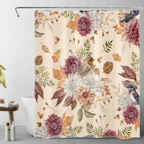 LB Cortina de ducha de flores blancas y moradas para baño, lindo pájaro y hojas de otoño sobre tela beige con ganchos, juego botánico floral