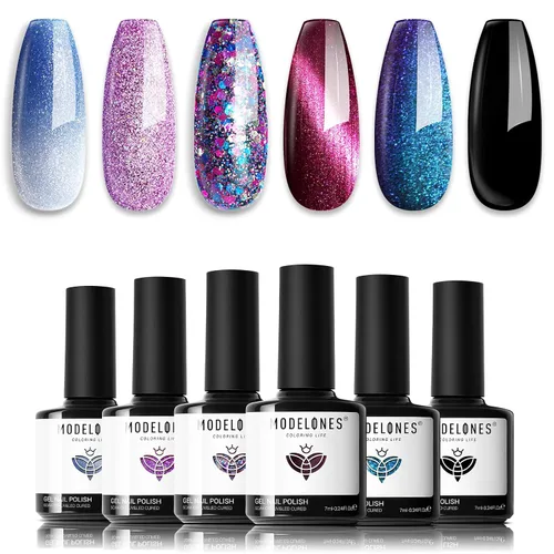 Miniatura 17 de modelones - Juego de 6 esmaltes en gel con efecto de ojo de gato cristalino, holográfico 9D, brillantina, negro, azul, morado, verde, con imán