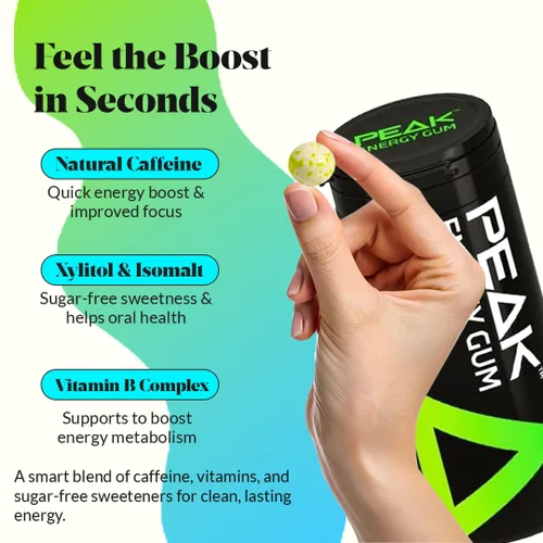 Miniatura 3 de Peak Energy Gum Caffeinated Chewing Gum - Sugar Free With B Vitamins B3 B5 B6 B12 for Focus and Performance - Caffeinated Energy Boost - Natural
