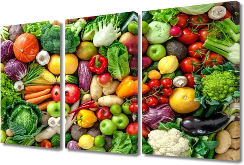 Arte de pared con frutas y verduras, surtido de frutas y verduras frescas, lienzo, pósteres de pintura de frutas y verduras, decoración de pared, 3