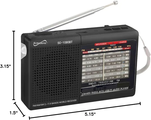 Miniatura 3 de Supersonic Radio SC-1080BT de 9 bandas con Bluetooth, radio estéreo portátil pequeña multibanda, entrada USB y micro SD, luz de antorcha y batería