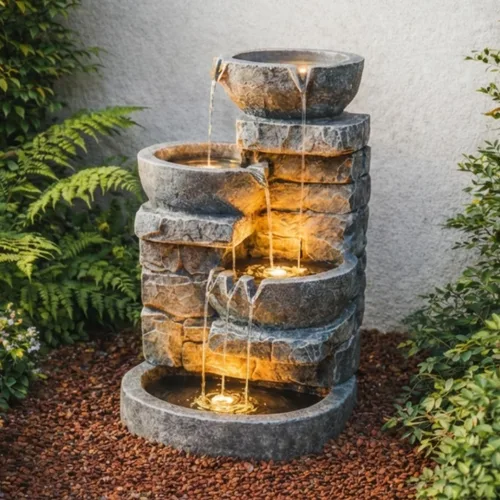 Miniatura 10 de Teamson Home Fuente de agua en cascada de piedra apilada de 4 niveles para exteriores de 28.5 pulgadas con luces LED, gris
