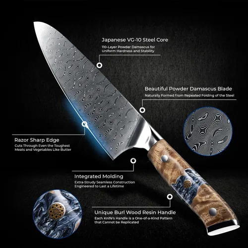 Miniatura 5 de SENKEN "Tenjin" Cuchillo de chef japonés VG10 de acero Damasco de 8 pulgadas, hoja de acero de Damasco de polvo de 110 capas, patrón de hoja