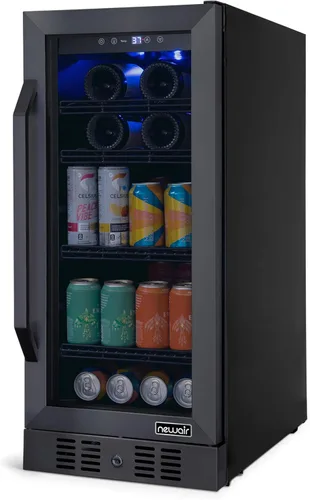 NewAir Refrigerador de bebidas y vino de zona única de 15 pulgadas, refrigerador de bebidas y vino para 33 botellas/80 latas, mini refrigerador