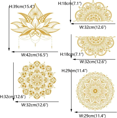 Miniatura 4 de Runtoo Calcomanía de pared con diseño de flor de mandala, diseño de loto bohemio dorado para sala de estar, dormitorio, cabecero de yoga, decoración