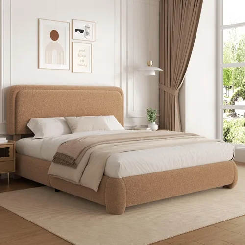 Miniatura 8 de Base de cama de tamaño Full con tapizado de bouclé, plataforma tapizada con cabecera, anticolisión con esquinas redondeadas suaves, no requiere