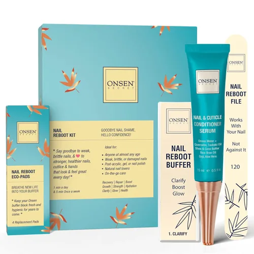 Onsen Secret Kit de cuidado de uñas, con suero para el cuidado de la cutícula, kit de pulidor de uñas japonés y brillo - fortalecimiento y brillo -