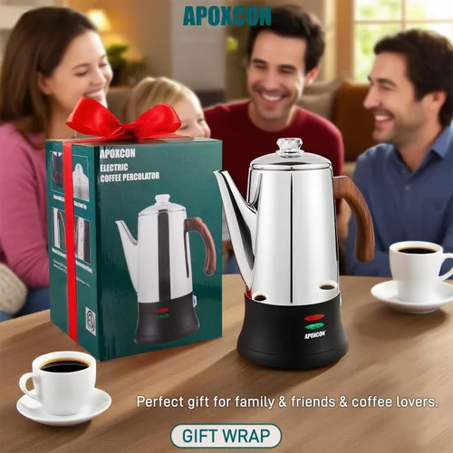 Miniatura 8 de APOXCON Cafetera eléctrica de acero inoxidable con dos perillas de vidrio resistentes al calor y mango de madera tratada con función de mantener