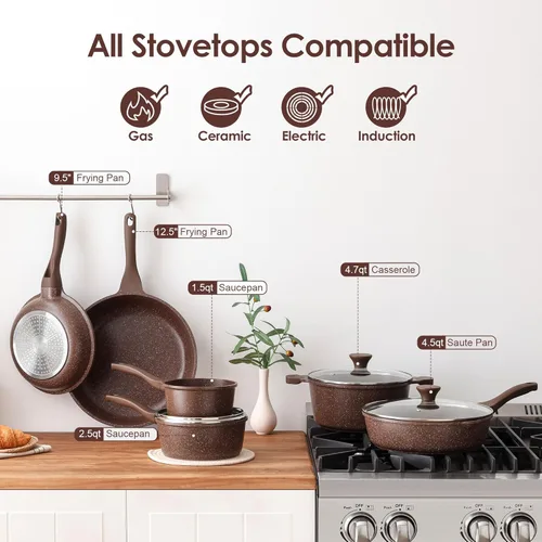 Miniatura 4 de SENSARTE Juego de utensilios de cocina antiadherentes de 16 piezas, juego de ollas y sartenes saludables, juego de cocina antiadherente con asas que