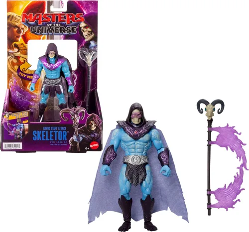 Masters of the Universe Figura de características Havoc Staff Attack Skeletor, movimiento de acción de giro y liberación, 5.5 pulgadas y accesorio,