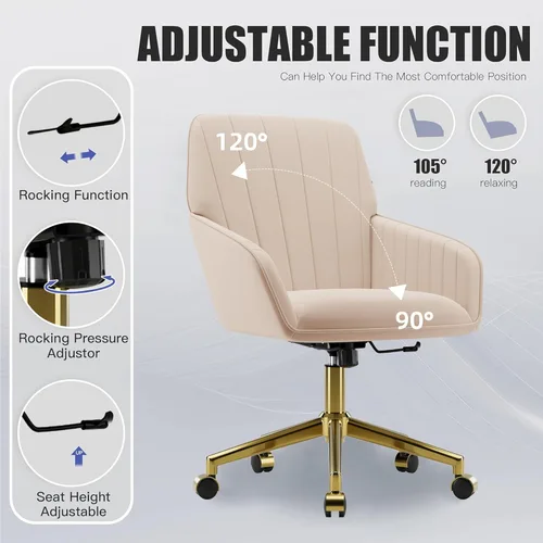 Miniatura 7 de YISHENG - Silla de escritorio de terciopelo con base dorada, con ruedas, silla de tocador tapizada moderna ajustable en altura, giratoria 360 grados