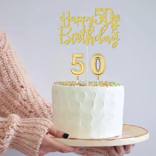 Miniatura 4 de Decoraciones de 50 cumpleaños para mujer en oro con banda y tiara de 50 cumpleaños, adorno para pastel y velas, globos numerados, regalos
