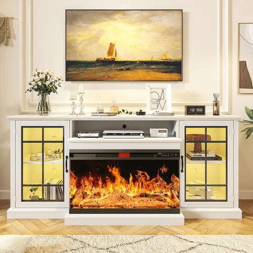 Miniatura 16 de oneinmil - Soporte de TV con chimenea de 59 pulgadas y vidrio en 3 lados para aparatos de hasta 65 pulgadas, centro de entretenimiento moderno
