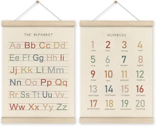 Miniatura 11 de HRQKO Juego de Marco para Póster de Alfabeto y Números, Decoración de Pared para Niñas, Arte de Pared Boho ABC con Marcos de Madera, Bandera