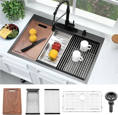 Miniatura 11 de Black-Bokaiya - Fregadero de barra desplegable de 15 x 15 pulgadas, fregadero de cocina pequeño de acero inoxidable, fregadero para exteriores