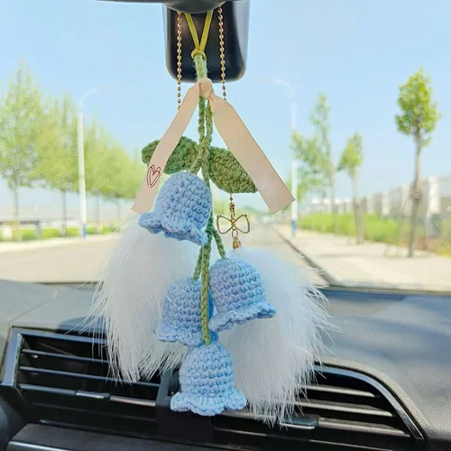 Miniatura 8 de Surakey Lindo ganchillo colgante Campanula flor de punto Convallaria espejo de coche colgante interior del coche espejo retrovisor de algodón cordón