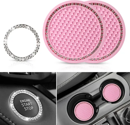 Miniatura 11 de OUZORP Paquete de 2 posavasos azules para automóvil con botón de arranque y anillo brillante, 1 paquete Posavasos antideslizantes para portavasos