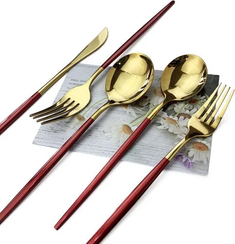 Miniatura 4 de JASHII - Juego de cubiertos de 20 piezas de acero inoxidable con acabado satinado, color rojo dorado, juego de cubiertos de cocina pulido con espejo