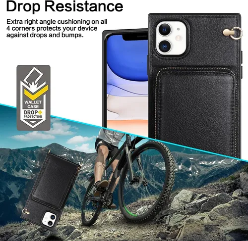 Miniatura 7 de Funda para iPhone 11 con cremallera de cuero con ranuras para tarjetas, funda protectora para teléfono con cordón para mujeres y niñas, a prueba