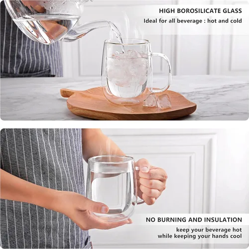 Miniatura 4 de CNGLASS Tazas de café de vidrio de 12 onzas, juego de tazas aisladas de doble pared con asa, tazas de expreso de vidrio transparente para café