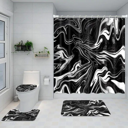 Miniatura 7 de ArtSocket Juego de cortina de ducha en blanco y negro con alfombras, juego de baño de mármol con alfombra antideslizante, cubierta para tapa