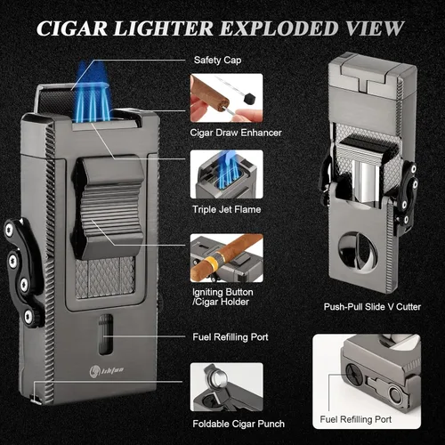 Miniatura 2 de LIHTUN Encendedor de puros, multifuncional, todo en 1, encendedor de antorcha con soporte integrado, potenciador de extracción de puros, regalo