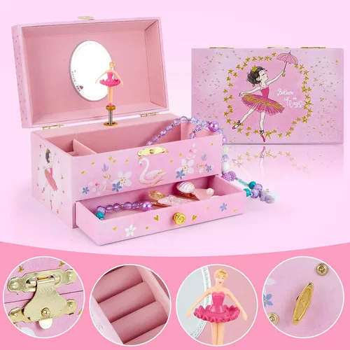 Miniatura 3 de Caja de joyería musical con cajón, estuche de almacenamiento de joyería musical con bailarina giratoria, juego de regalo para niñas, niños, hijas