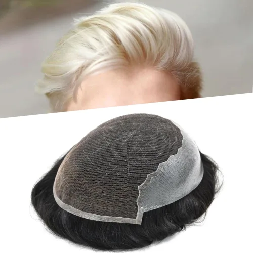 Miniatura 69 de Toupee para hombres pieza de pelo suave suizo encaje real sistema de cabello humano reemplazo blanqueado nudo mens tupé sistema de pelo para hombres