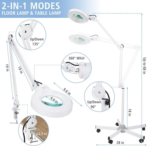 Miniatura 5 de Lámpara de pie con aumento 10X con 5 ruedas base rodante para esteticistas – 2,200 lúmenes LED regulable luz con lupa, lupa iluminada para leer