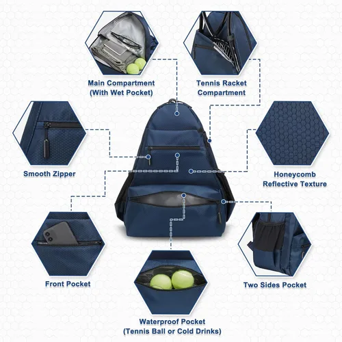 Miniatura 3 de Mochila de tenis para raquetas, bolsa de tenis impermeable con compartimento para zapatos, bolsillo húmedo/seco, gancho para cerca, para tenis, Azul