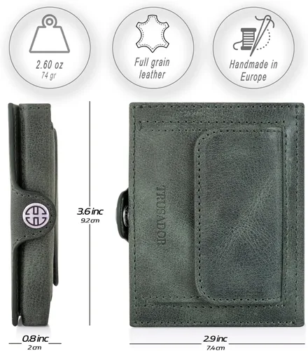 Miniatura 2 de TRUSADOR Valencia Cartera de piel unisex pequeña compacta bolsillo frontal RFID con bolsillo monedero, Verde, Con bolsillo para monedas