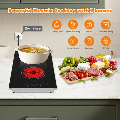 Miniatura 3 de Placa de cocina de cerámica de 12 pulgadas con enchufe de 120 V, estufa eléctrica de 1700 W, 2 quemadores, control táctil con temporizador y bloqueo